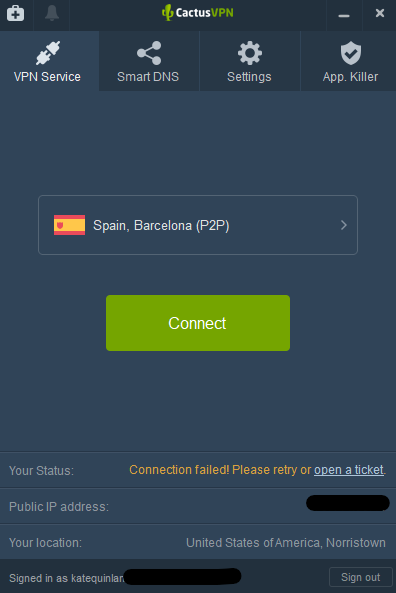 CactusVPN server connection fail
