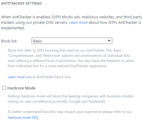 IVPN's antitracker settings