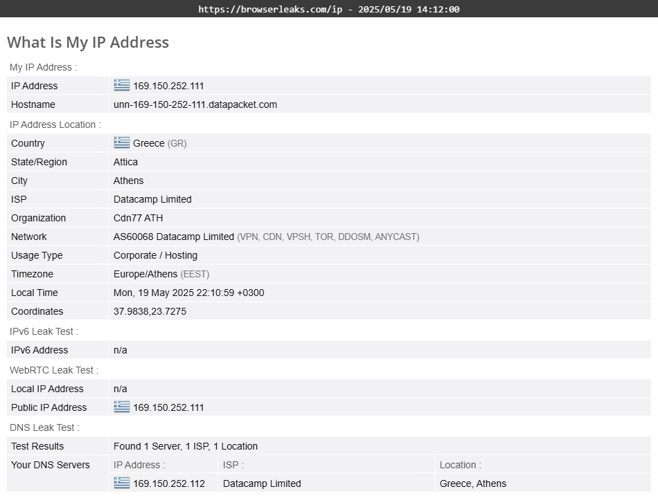 IVPN's DNS leak test results (passed)
