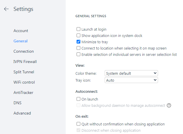 IVPN general settings tab