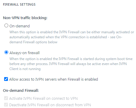 IVPN's firewall settings