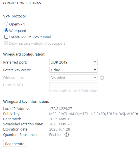 IVPN's connection and protocol settings