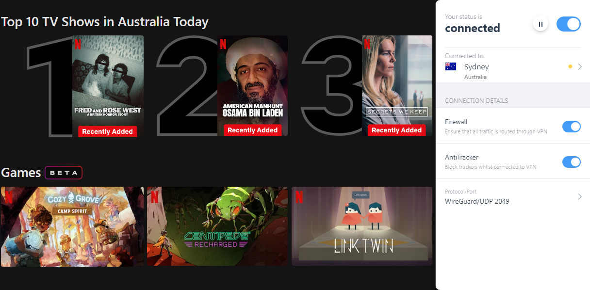 Netflix list of top shows in Australia today with IVPN in the foreground