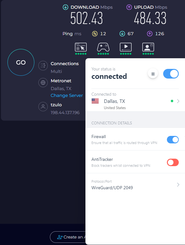 Speed test results for IVPN while connected to a server in Dallas (502.43 download, 484.33 upload, 12 latency).