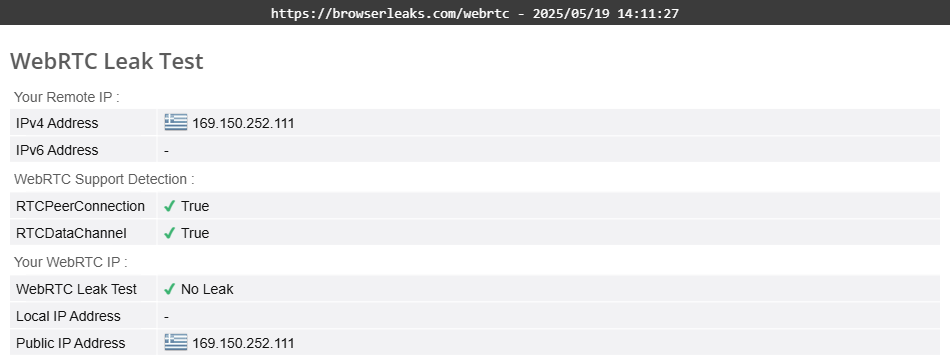IVPN's WebRTC leak test results (passed).