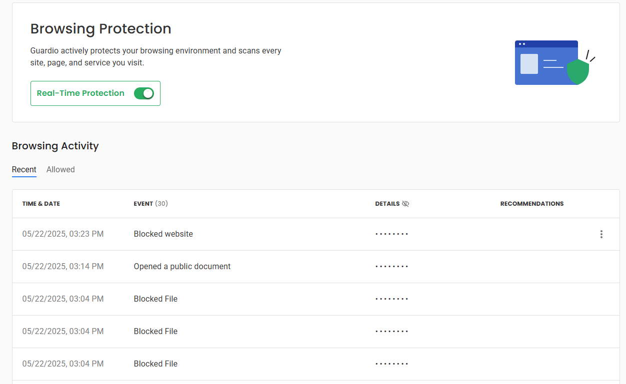 Guardio Browsing Protection tab showing list of recent browsing activity