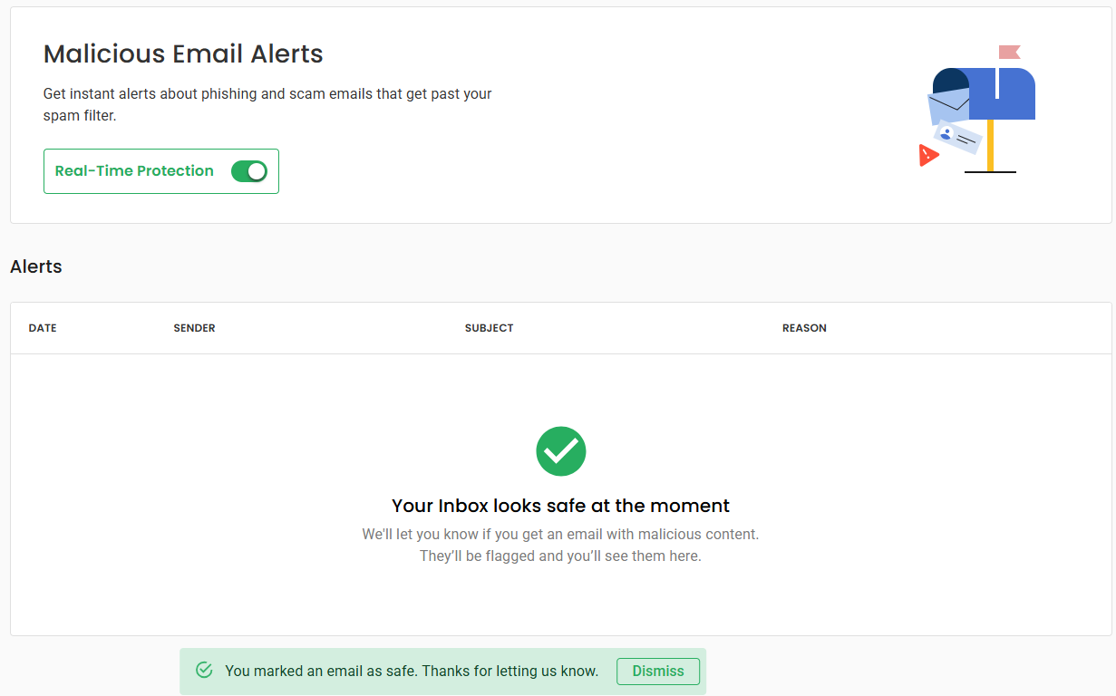 Guardio malicious email alerts tab (0 alerts)