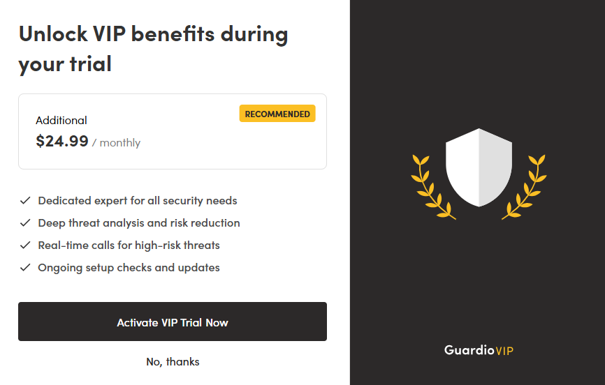 Pop-up advertising Guardio VIP benefits
