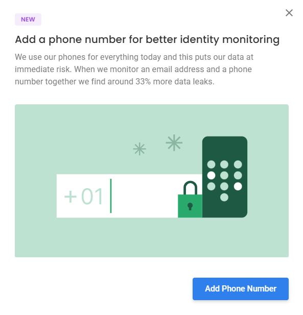Guardio prompt to add phone number of identity monitoring