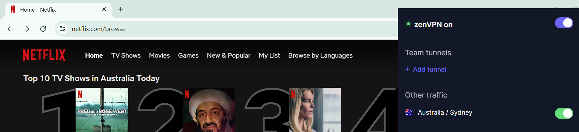 Netflix list of top shows in Australia today with ZenVPN in the foreground