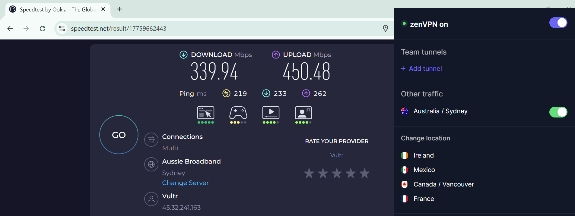 Speed test results for ZenVPN while connected to a server in Australia (339.94 download, 450.48 upload, 19 ping)'