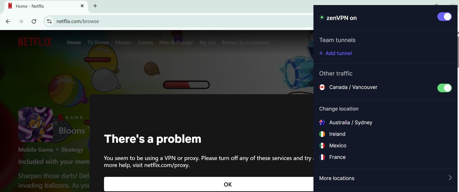 A Netflix error page flagging a VPN with ZenVPN in the foreground