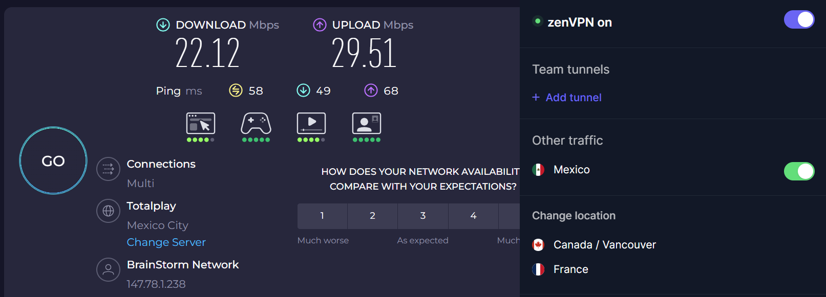 Speed test results for ZenVPN while connected to a server in Mexico (22.12 download, 29.51 upload, 58 ping)
