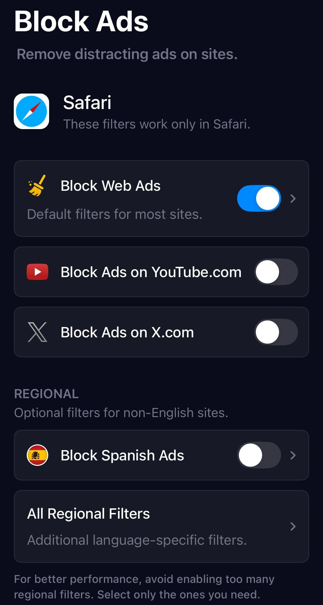 1Blocker Block ads page with list of toggles 