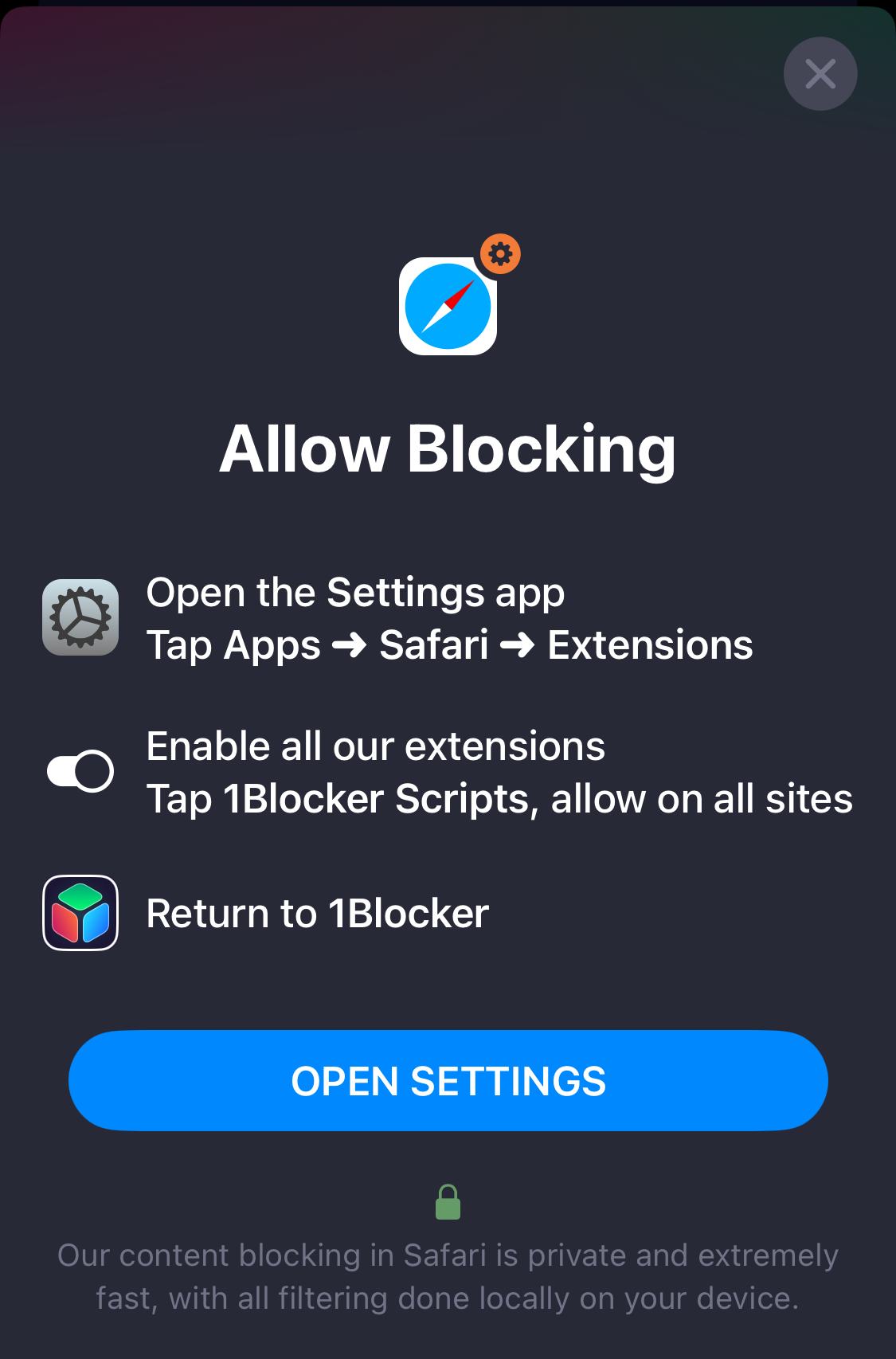 Instructions from 1Blocker on how to allow blocking