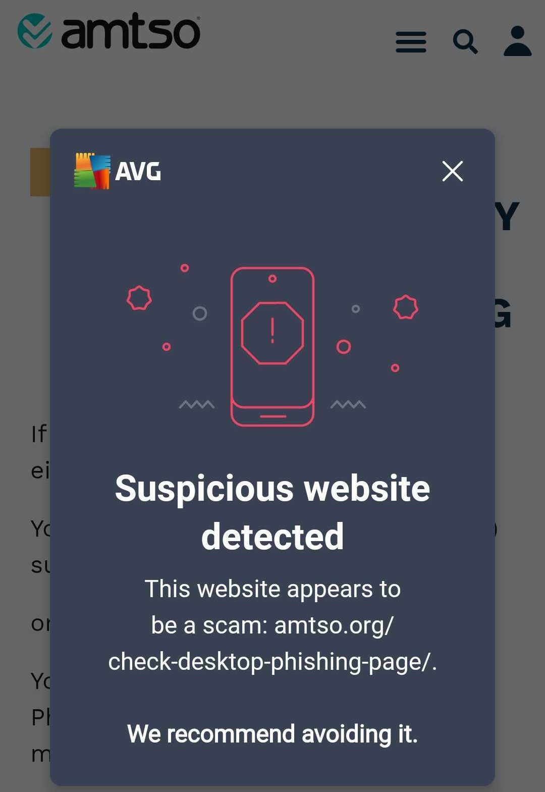 Warning from AVG app about a suspicious website detected
