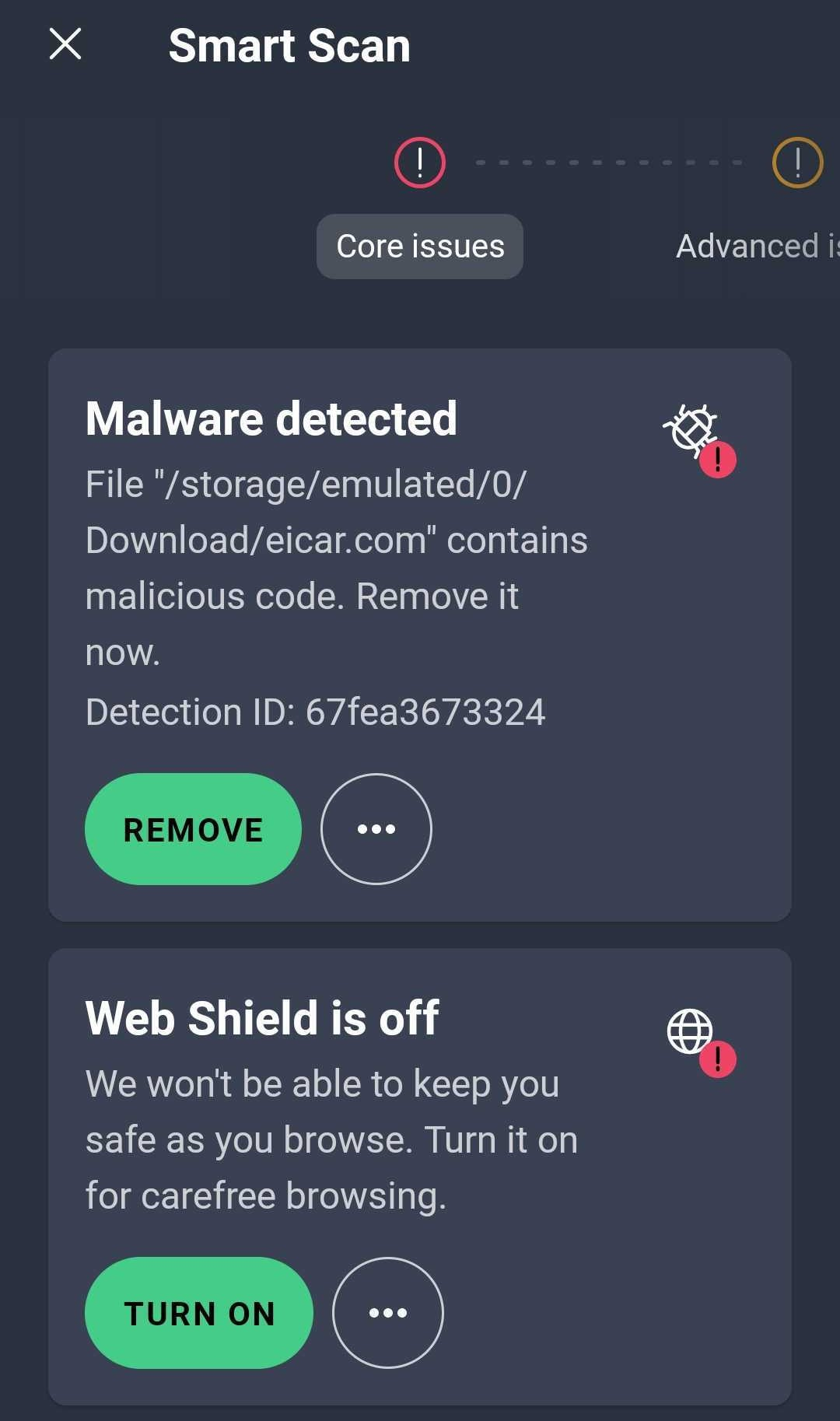 AVG app smart scan results (malware detected, web shield is off)