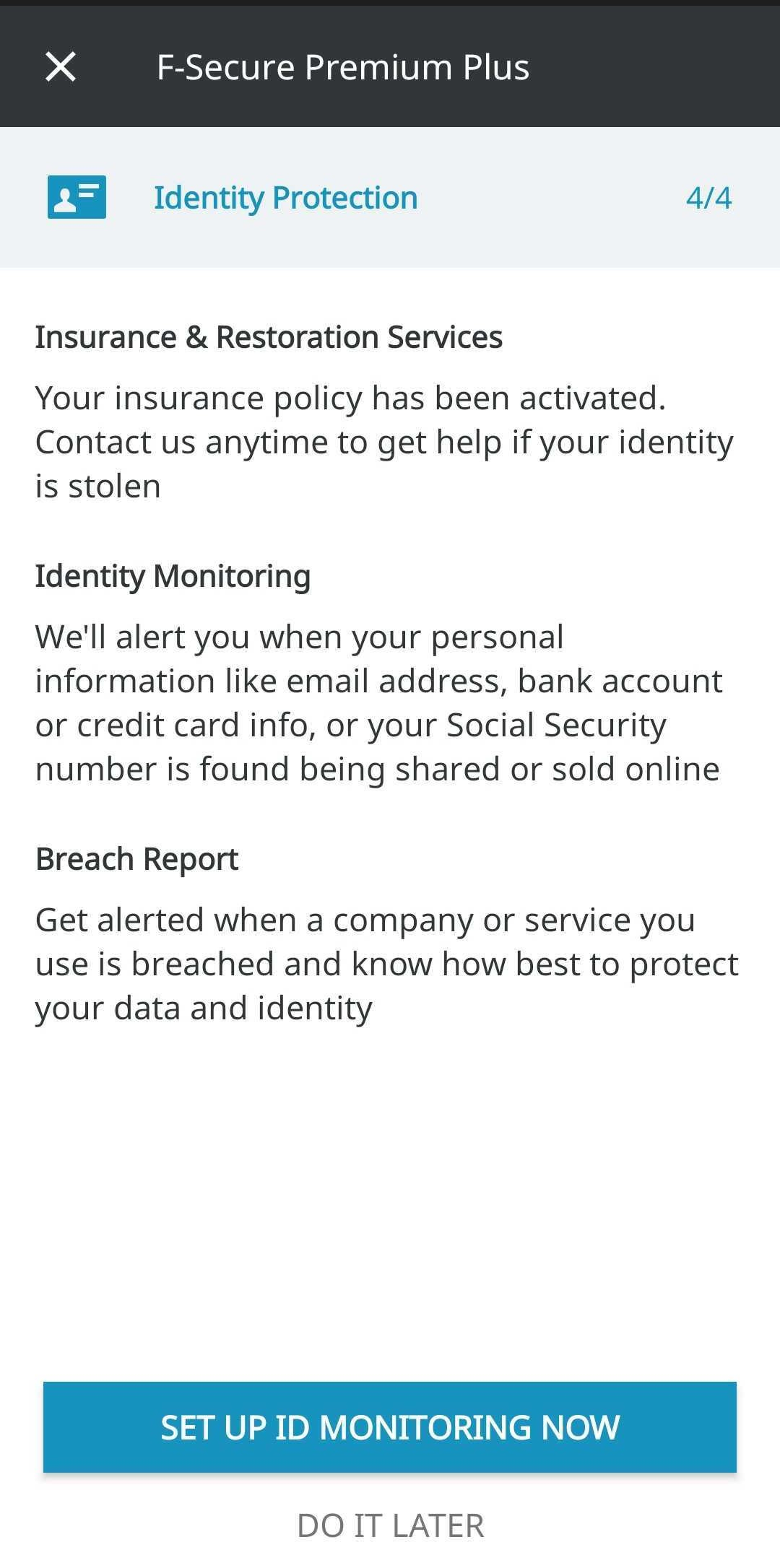 F-Secure Mobile Security set up page for identity protection features
