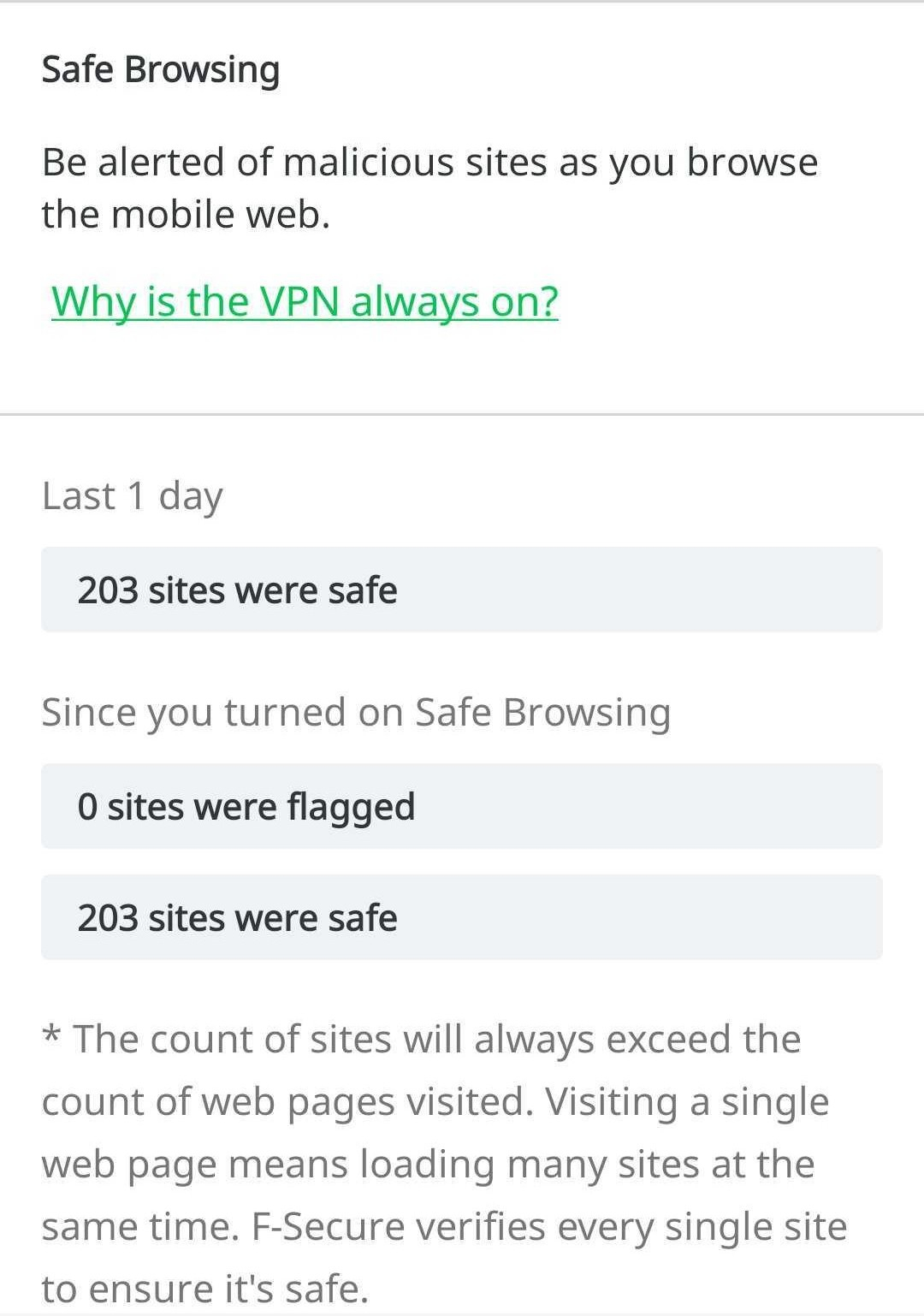 F-Secure Mobile Security Safe Browsing tab (203 sites were safe)