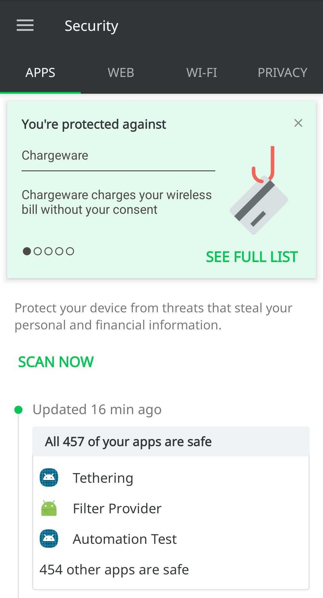 F-Secure Mobile Security app showing scan results on apps tab