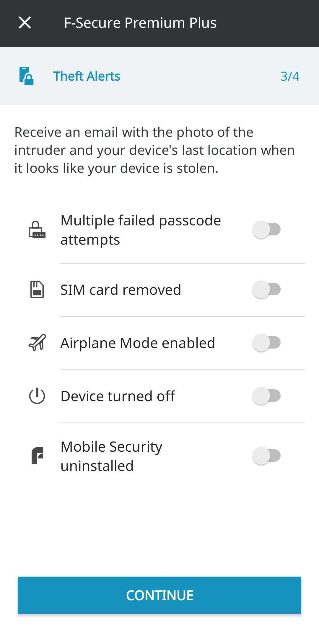 F-Secure Mobile Security set up page for theft alerts features