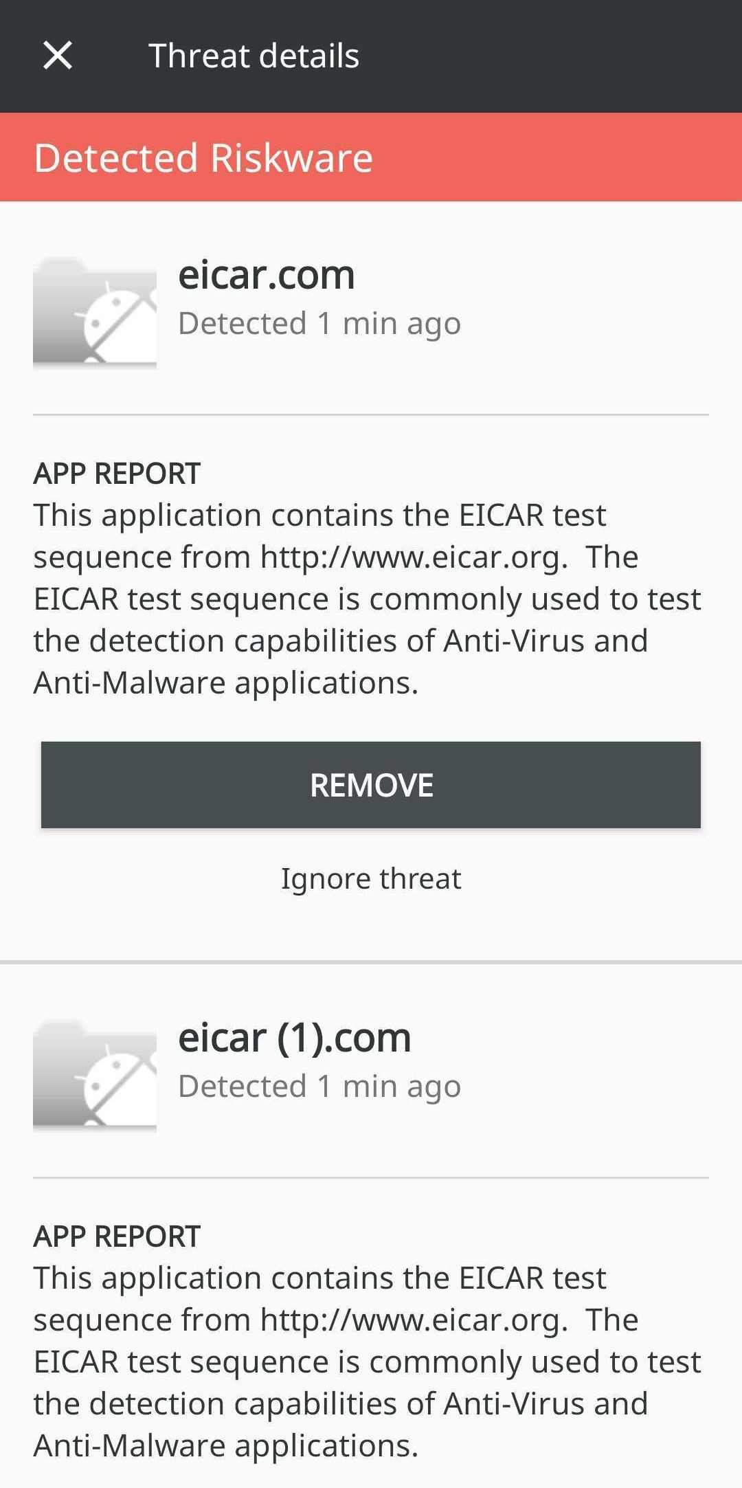 F-Secure Mobile Security list of threats found