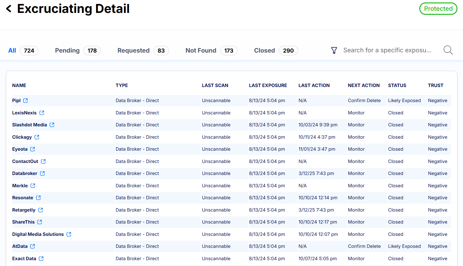 Privacy Bee excruciating detail tab on dashboard
