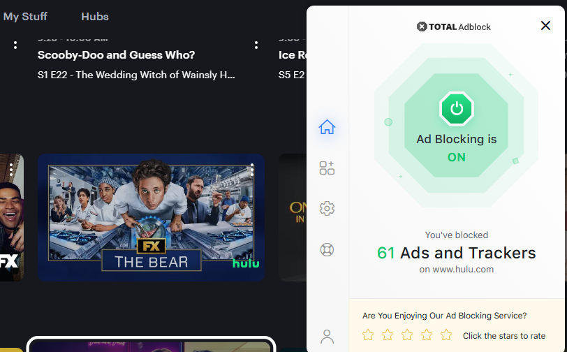 Total Adblock immediately started blocking ads on Hulu + Live TV 