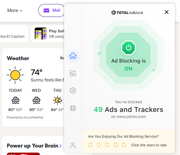 Total Adblock immediately blocks ads and trackers on Microsoft Edge