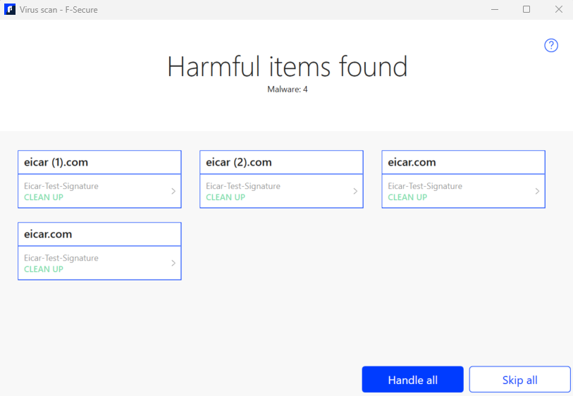 F-Secure full scan results (four harmful items found)