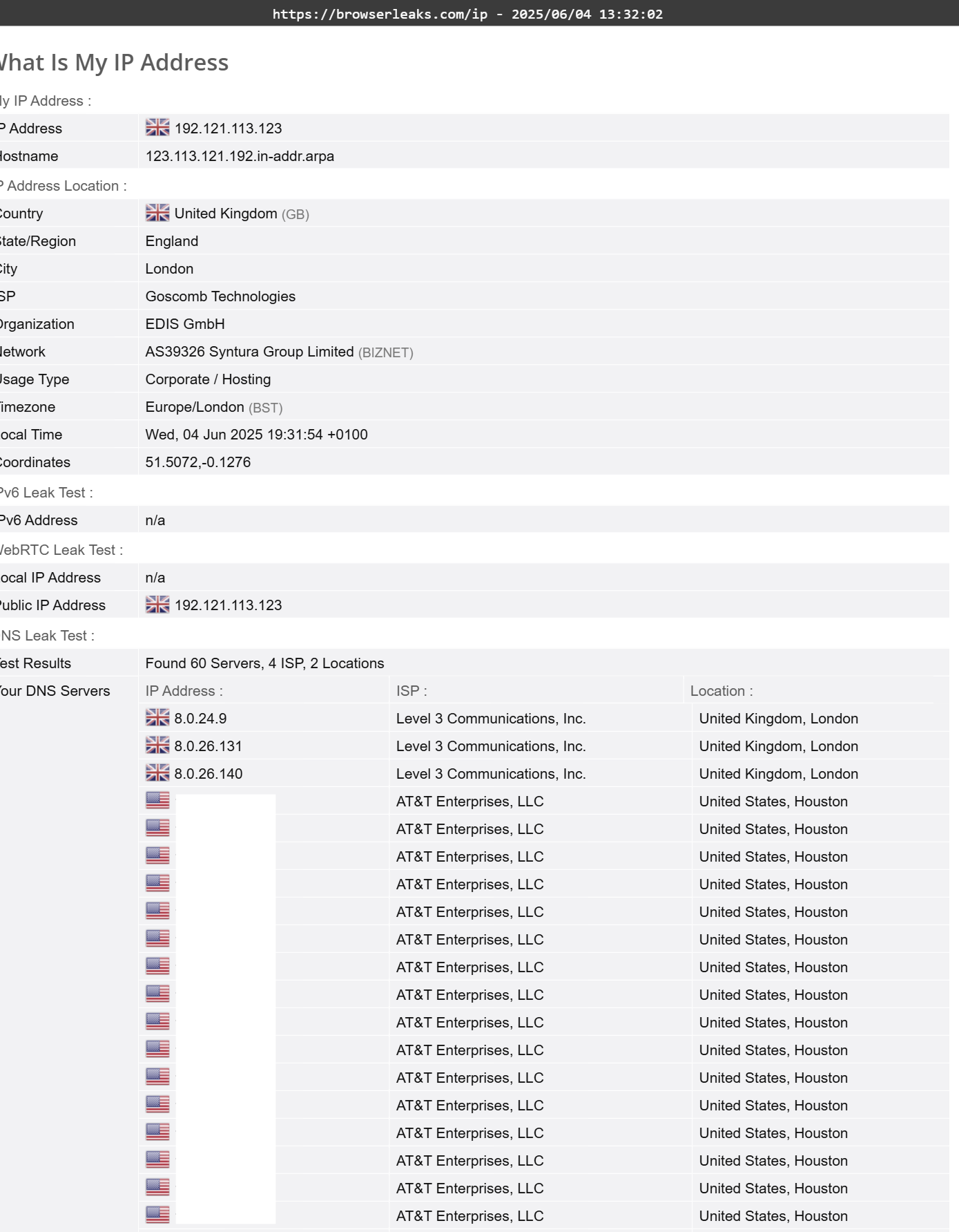 Whoer VPN's DNS leak test results (failed)