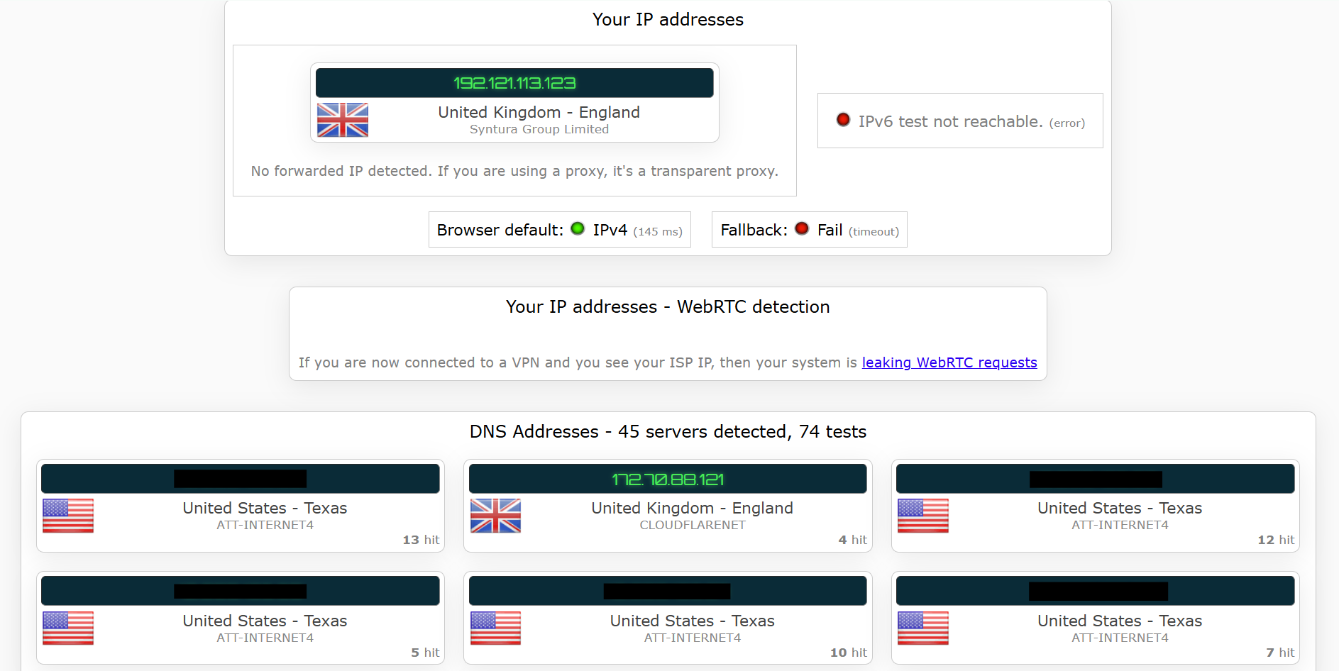 Whoer VPN's kill switch test results (failed)