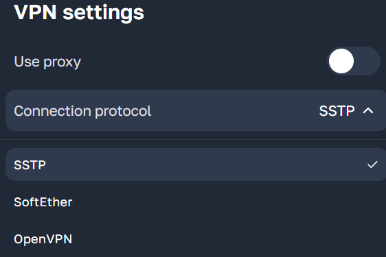 Whoer VPN settings with connection protocol dropdown