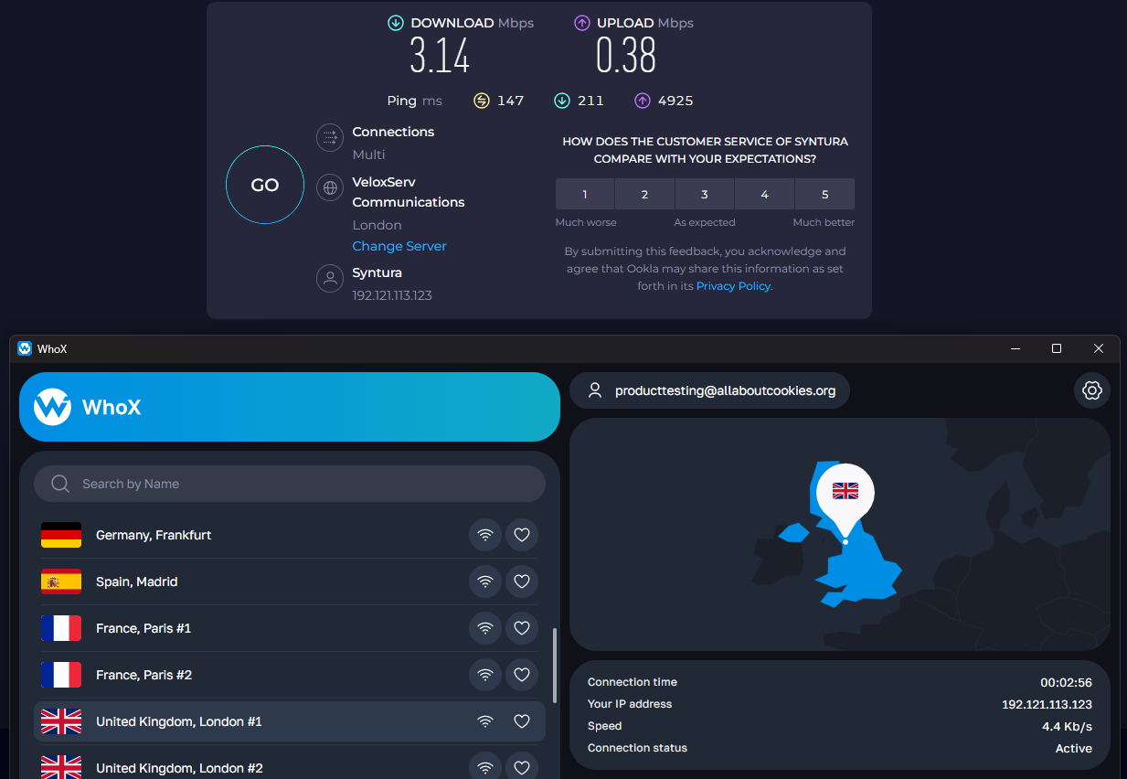 Speed test results for Windscribe while connected to a UK server (3.14 download, 0.38 upload, 147 ping). 