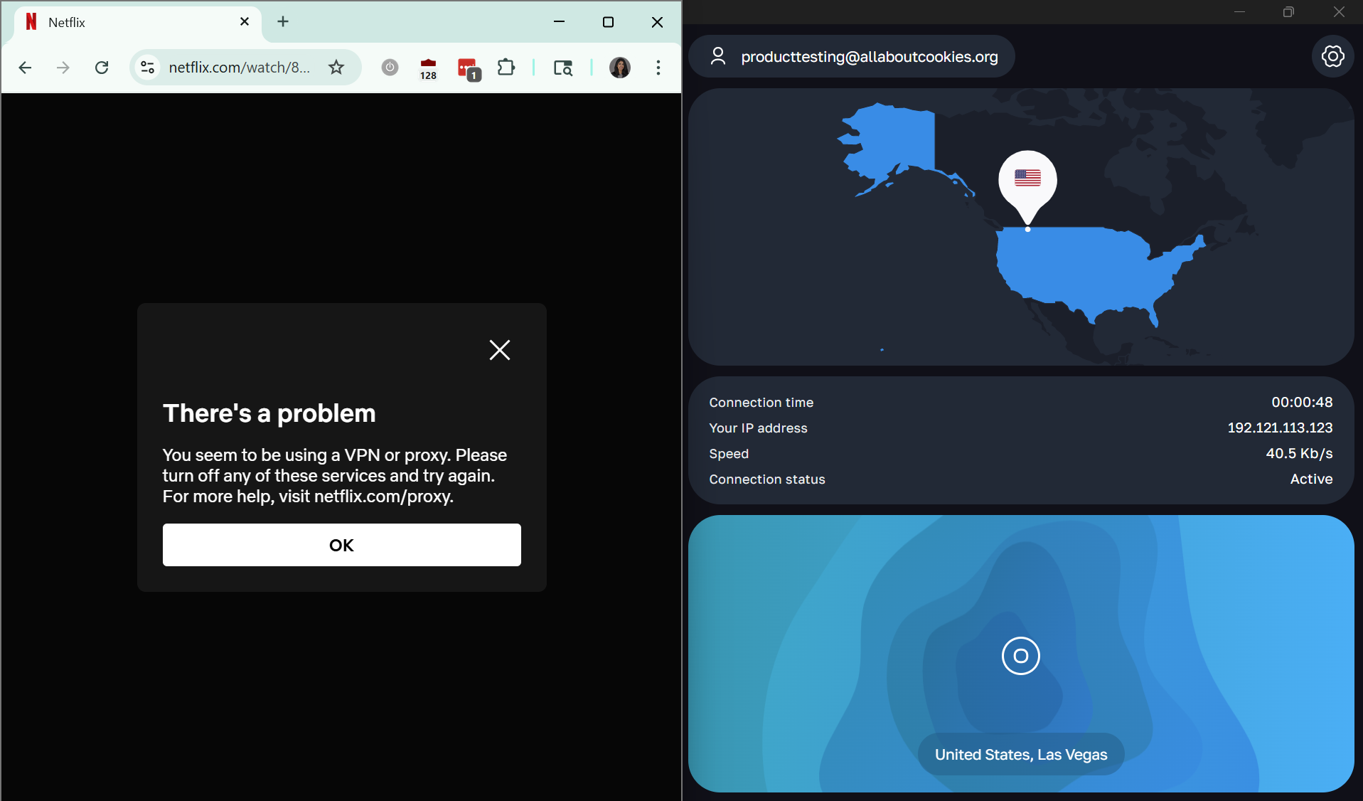A Netflix error page flagging a VPN side-by-side with Whoer VPN