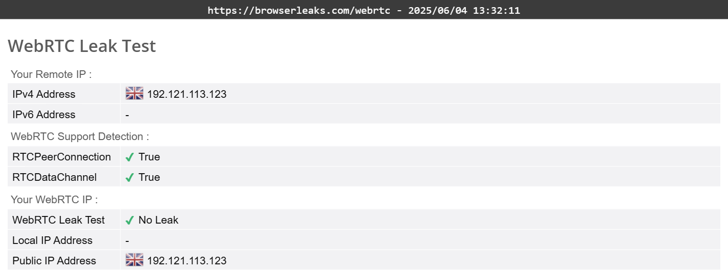 Whoer VPN's WebRTC leak test results (failed)