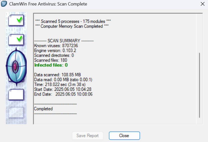 ClamWin computer memory scan results 