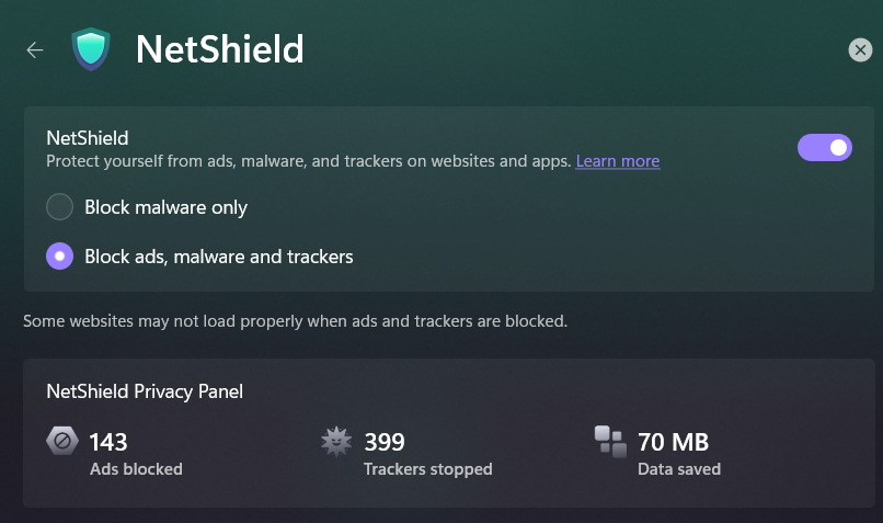 Proton VPN NetShield settings plus privacy panel showings number of ads blocked, trackers, stopped, and data saved 