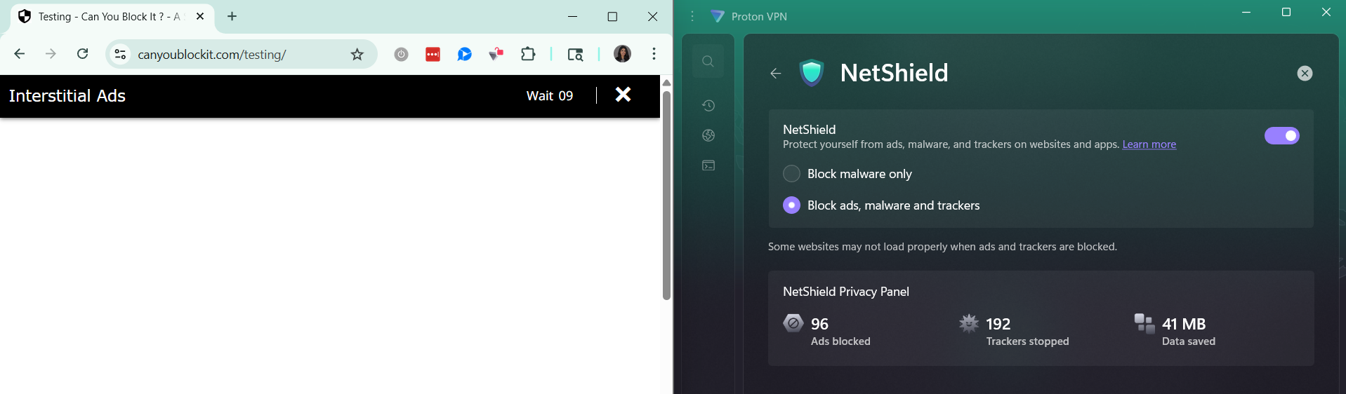 An interstitial ad side-by-side with Proton VPN NetShield