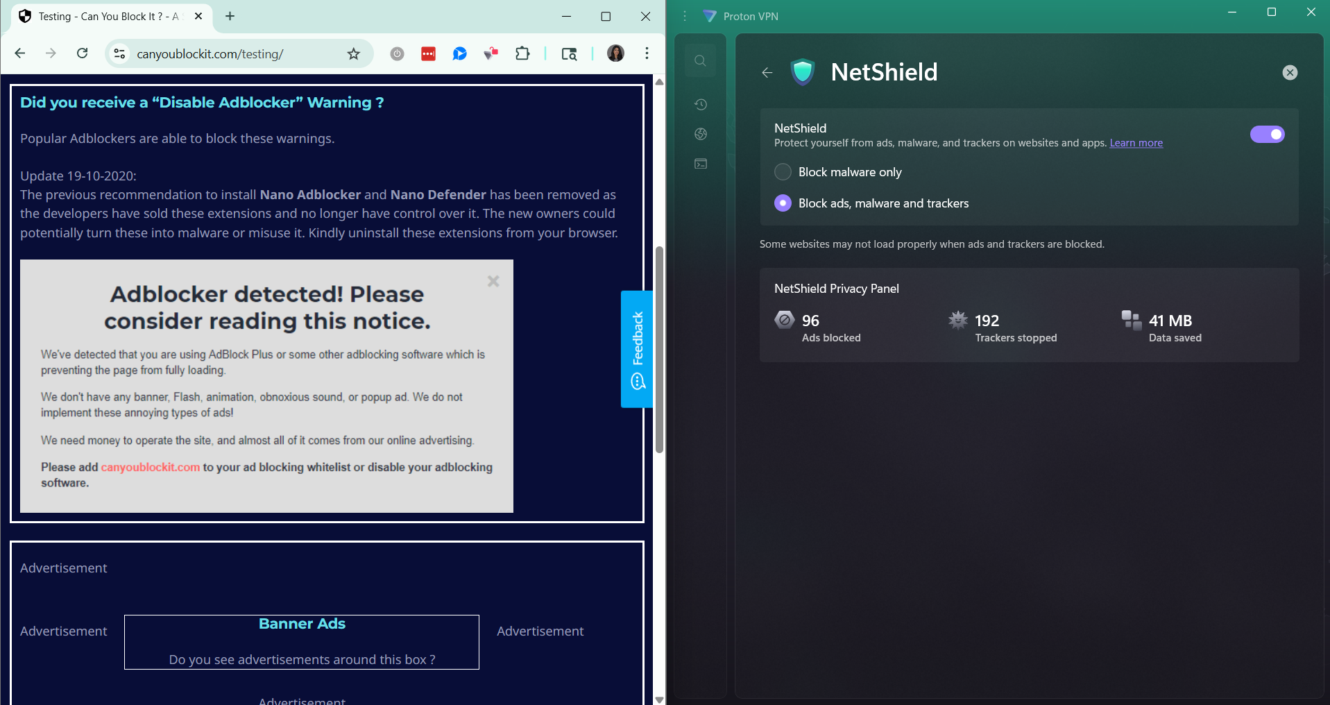 Proton VPN Netshield side-by-side with Can You Block It site (banner ads and ad blocker warning blocked)