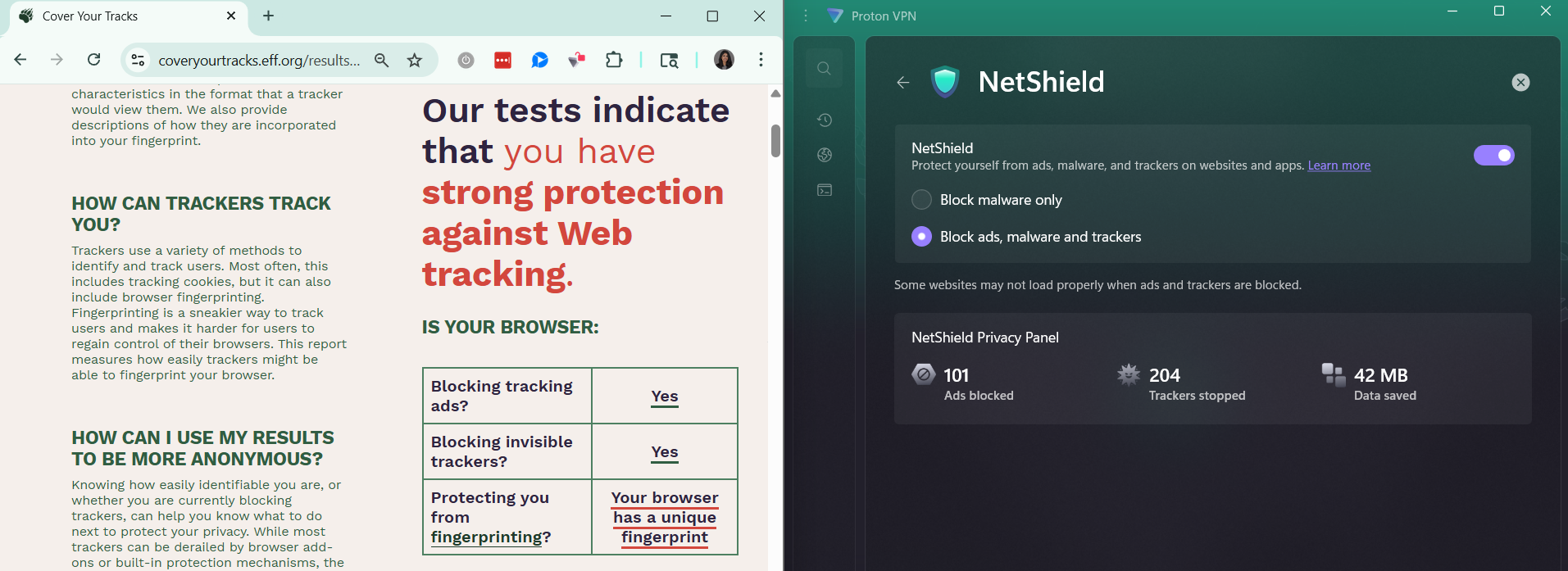 Proton VPN Netshield's Cover Your Tracks test results (2/3). 