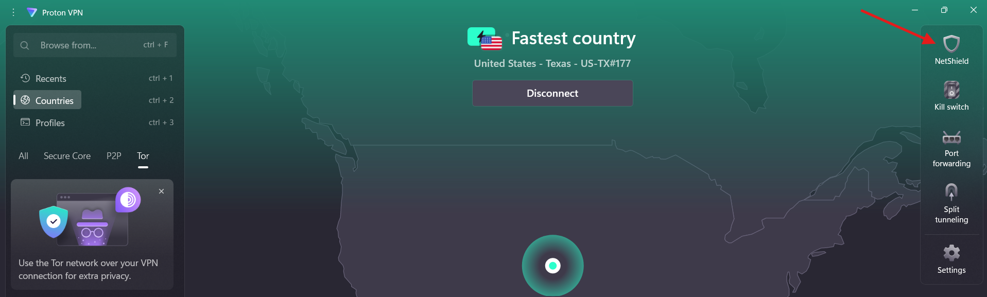 Proton VPN dashboard with an arrow pointing to the NetShield button