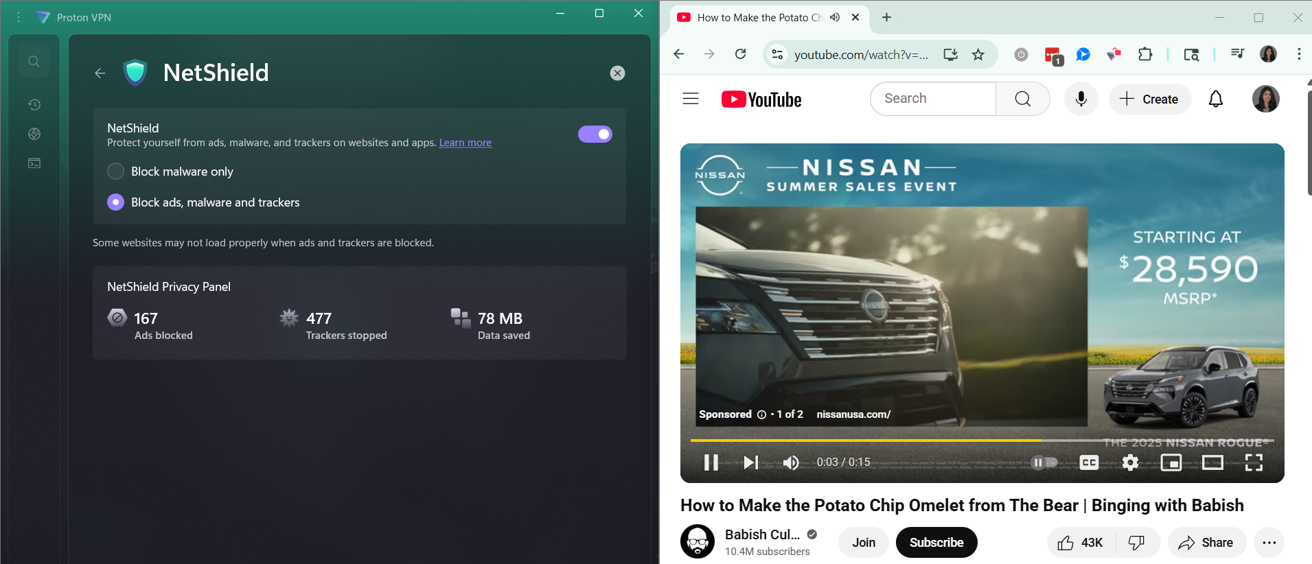 A YouTube video ad side-by-side with Proton VPN NetShield