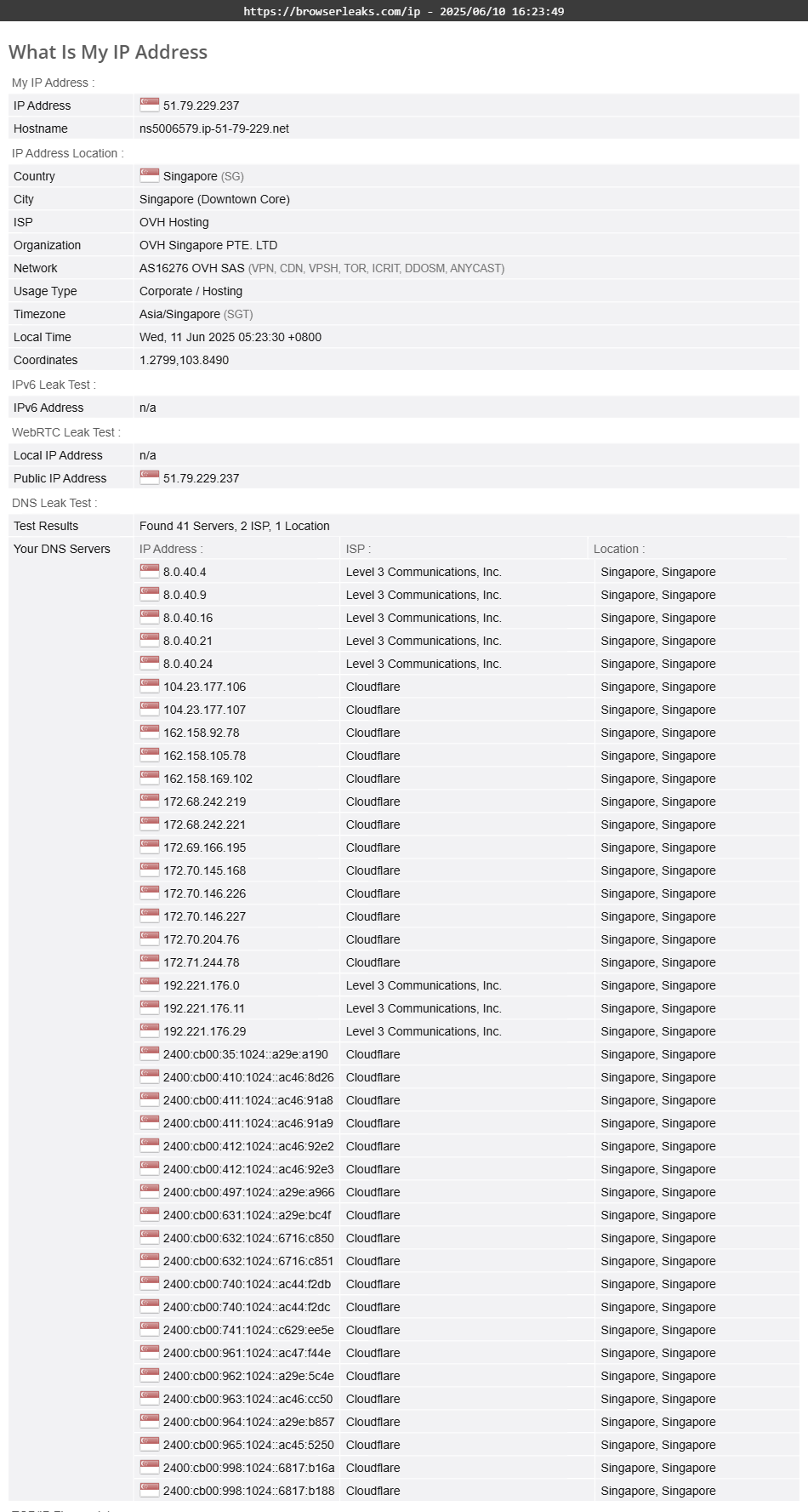 Astrill VPN DNS leak test results (passed)