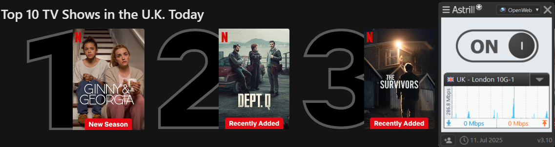Netflix list of top shows in Australia today with Astrill VPN in the foreground