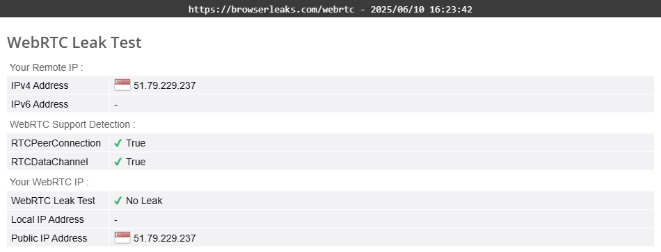 Astrill VPN WebRTC leak test results (passed)