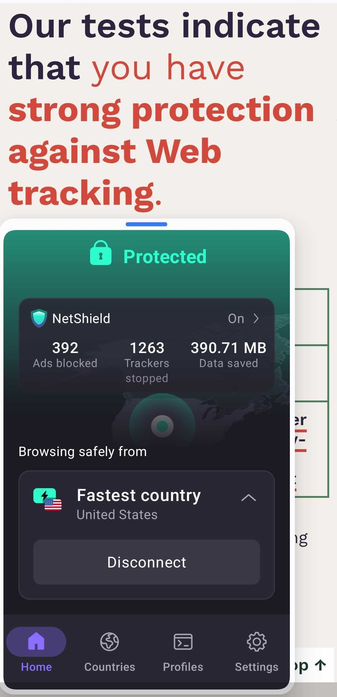 Proton VPN Netshield's Cover Your Tracks test results on mobile (2.5/3). 