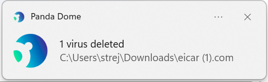Pop-up from Panda Dome notifying that its deleted a virus (EICAR file)