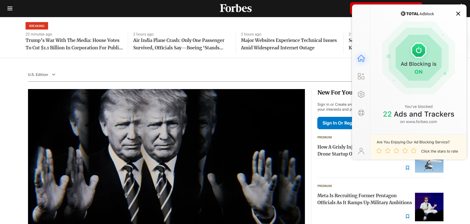 Forbes homepage with Total Adblock extension open