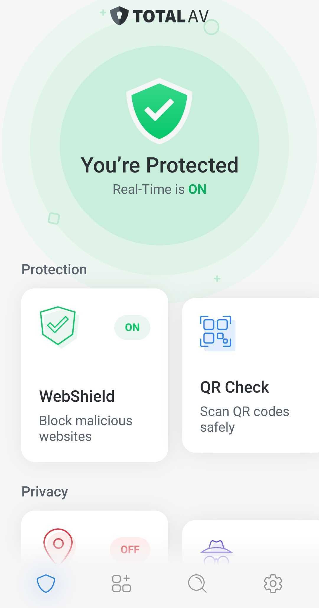 TotalAV app dashboard (real-time protection on)